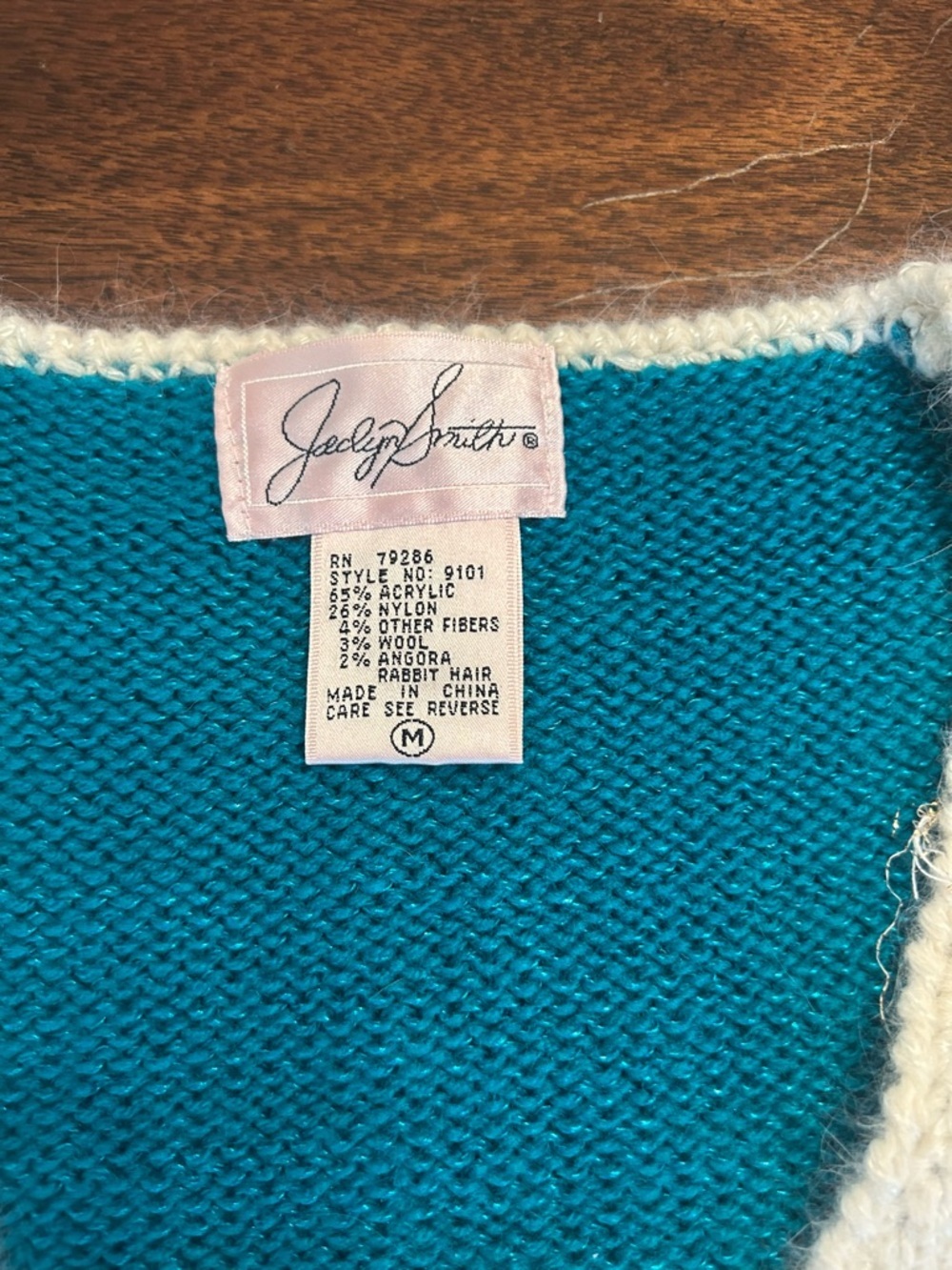Jezebel Teal V-Neck Sweater with Cream and Gold Motif - Picture 3 of 3